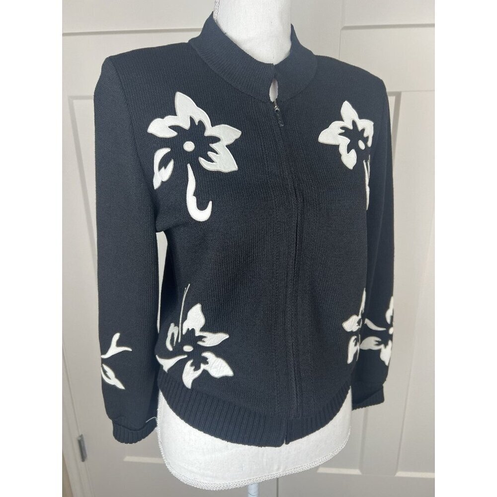 Vtg Toula Santana Knit Wool Zip Up Sweater Black & White Leather Women's Sz 8